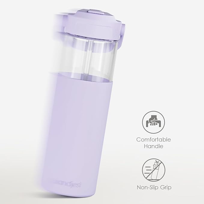 Glass Water Bottle with Silicone Sleeve and Straw Lid 20oz for Girls Women, Glass Drinking Bottles for Travel Home Gym Sports (Amethyst Whisper)