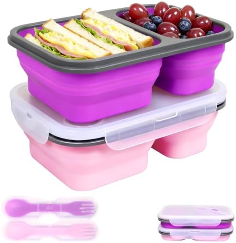 2 Pack Collapsible Silicone Lunch Box Set, 2 Compartments Bento Boxes with Lids, Food Storage Containers for Meal Prep, Office, Travel, Camping, BPA Free by Unknown