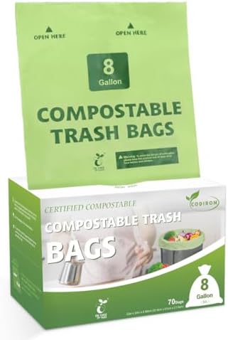 100% Compostable Trash Bags, 8 Gallon, 30 Liter, 0.85 Mils, 70 Count Large Kitchen Food Scrap Compost Bags for Kitchen Step Trash Cans with Europe EN13432 Certified by Codirom