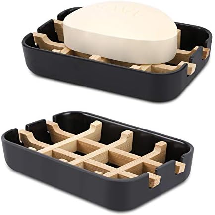 Bamboo Wooden Soap Dishes for Shower with Drainage for Bathroom Bar Soap Holder Soap Holder Sink Deck Bathtub Shower Tray (One Pieces Black) by Fufengz