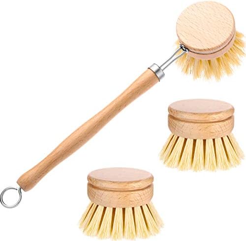Boao 3 Pack Dish Brush with Beechwood Handle with Replacement Heads by Boao