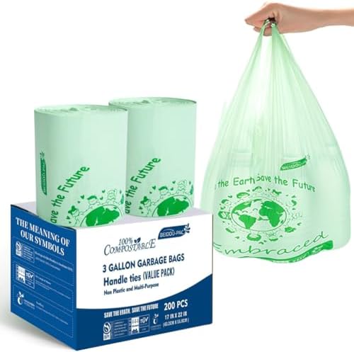 BEIDOU-PAC 100% Compostable Trash Bags, 3 Gallon Compost Bags Small Kitchen Trash Bags with Handle, 200 Count Sturdy Garbage Bags Food Scrap Waste Bags, ASTM D6400, US BPI Certified by BEIDOU-PAC