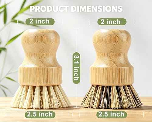 Bamboo Dish Brush Set with Palm and Sisal Bristles, 4 Pcs Natural Bamboo Dish Scrubber Brush for Kitchen Cleaning, Pots, Pans, Vegetables, Fruit - Image 2