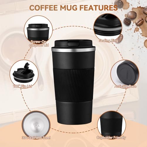 17OZ Travel Coffee Mug Insulated Coffee Cup with Spill Leak Proof Lid, Portable Stainless Steel Tumbler Reusable Hot and Cold Water Mug for Car, Daily, Camping- Black - Image 5