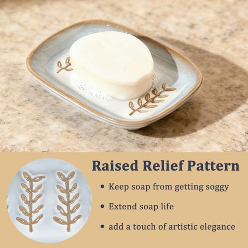 HighHerz Aesthetic Ceramic Soap Dish for Shower, Soap Holder with Raised Relief, Shower Soap Dish for Shampoo Bar Or Sponge, Soap Saver for Bathroom, Kitchen, Sink, Decorative Soap Tray(Grey&White) - Image 4