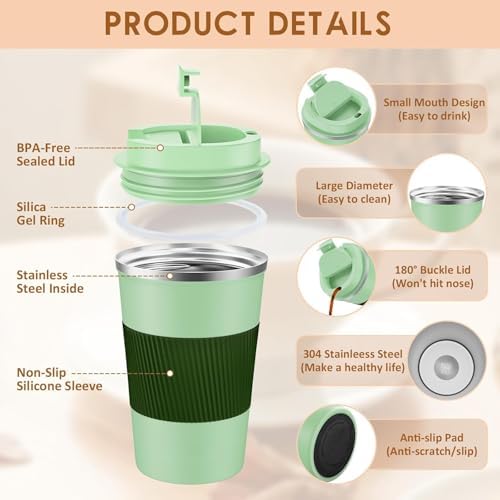 KETIEE 12oz Travel Mug, Insulated Coffee Cup with Leakproof Lid, Travel Coffee Mug Vacuum Stainless Steel Double Walled Reusable Tumbler for Hot and Cold Drinks (Green) - Image 6