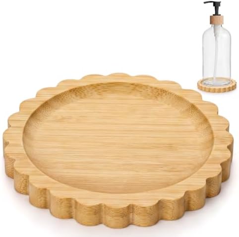 Scalloped Bamboo Soap Dispenser Tray Bathroom Rustic Decor Bamboo Countertop Tray Scalloped Soap Dish Jewelry Holder Vanity Bathtub Organizer for Bathroom Kitchen Home Decor(3.5'',Round) by Ferrochef