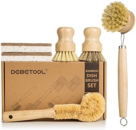 DEBETOOL 6-Piece Bamboo Dish Brush Set with Coconut Sponge by DEBETOOL