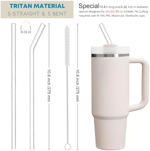 ALINK 10 Pack Reusable Clear Straws for Stanley 30 oz Tumbler, 10.8" Long Tritan Hard Plastic Straws for Yeti 42 oz 35 oz 30 oz Tumbler, Mason Jar, Starbucks - 5 Straight 5 Bent with Brush - Image 2