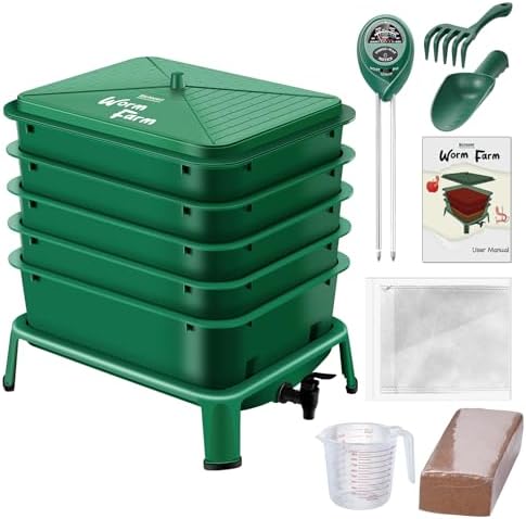 Blütezeit 5-Tray Worm Compost Bin, 53QT Worm Composter Indoor & Outdoor, Worm Farm Starter Kit for Vermicomposting, Recycling Food Waste (Green) by Bl%C3%BCtezeitGateSystems