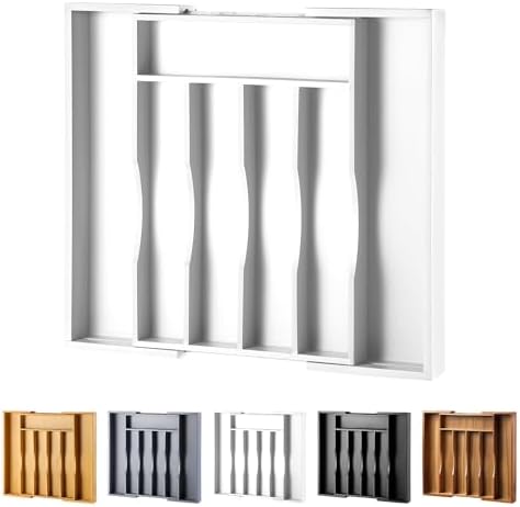 Expandable Bamboo Kitchen Drawer Organizer for Cutlery and Utensils, Adjustable Bamboo Wood Cutlery Tray in Drawer for Flatware and Silverware in Kitchen, (White) by oridom