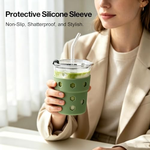 Mrsdry 12oz Iced Coffee Cup with Lids and Straws, BPA Free Reusable Glass Coffee Cups with Silicone Sleeves for Coffee, Iced tea, Thick Wall Glass Cup - Image 6