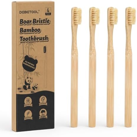 DEBETOOL 4-Pack Natural Boar Bristle Toothbrush for Adults by DEBETOOL