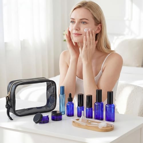 Segbeauty 8pcs Blue Travel Essentials Toilet Bottles Skincare Containers Set with Bag, Refillable Travel Size Containers Pump Bottle Cream Jar, Empty Glass Perfume Spray Bottles, Oils Dropper Bottle - Image 5