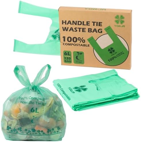 1.6 Gallon Tie Handles Compost Trash Bags 120 Food Scrap Bags, Compostable Kitchen Waste Bags with Europe EN13432 & ASTM D6400 Certified by YORJA