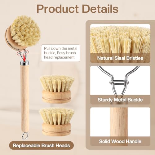5 Pcs Bamboo Dish Brush Set Includes 1 Wooden Handle with 3 Natural Replaceable Bristle Heads and 1 Handheld Bamboo Wok Brush Scrubber for Dishes Pans Pots Fruit and Veggie Washing(Style B) - Image 3