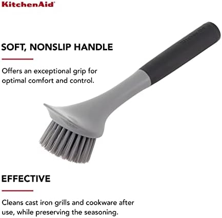 Kitchenaid Cast Iron Sink Brush to Preserve Seasoning on Cast Iron and Grills, Nylon Bristles and Soft Touch Handle for Optimal Control, Dishwasher Safe, Black and Gray - Image 3