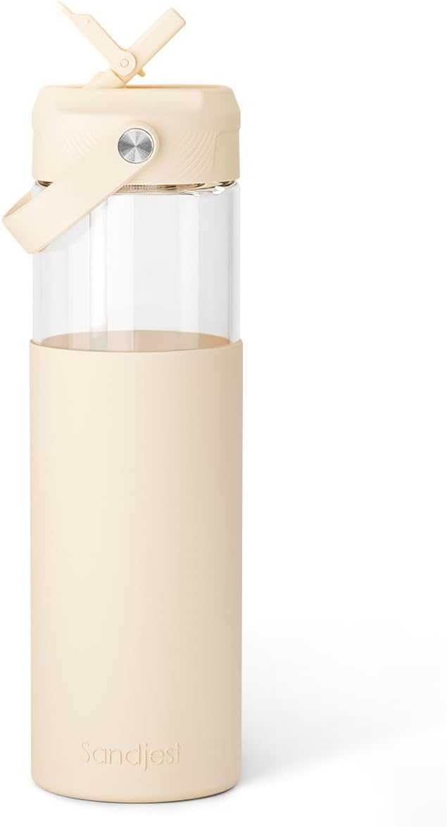 Glass Water Bottle with Silicone Sleeve and Straw Lid 20oz for Girls Women, Glass Drinking Bottles for Travel Home Gym Sports (Buttermilk)