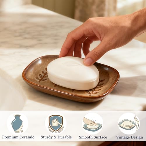 HighHerz Aesthetic Ceramic Soap Dish for Shower, Soap Holder with Raised Relief, Shower Soap Dish for Shampoo Bar Or Sponge, Soap Saver for Bathroom, Kitchen, Sink, Decorative Soap Tray (Brown) - Image 4
