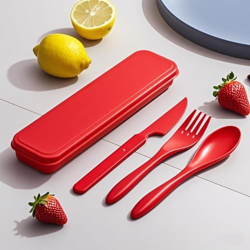 Travel Utensils - Reusable Portable Camping Cutlery Set with Case (Red,Red) - Image 3