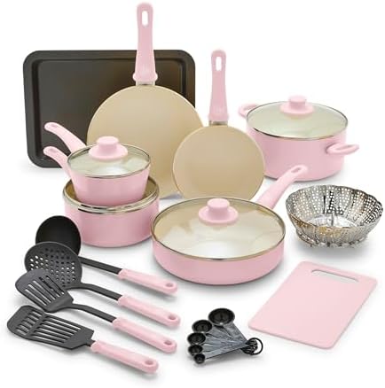 GreenLife Soft Grip Healthy Ceramic Nonstick 18 Piece Kitchen Cookware Pots and Frying Sauce Saute Pans Set, PFAS-Free with Kitchen Utensils and Lid, Dishwasher Safe, Soft Pink by GreenLife