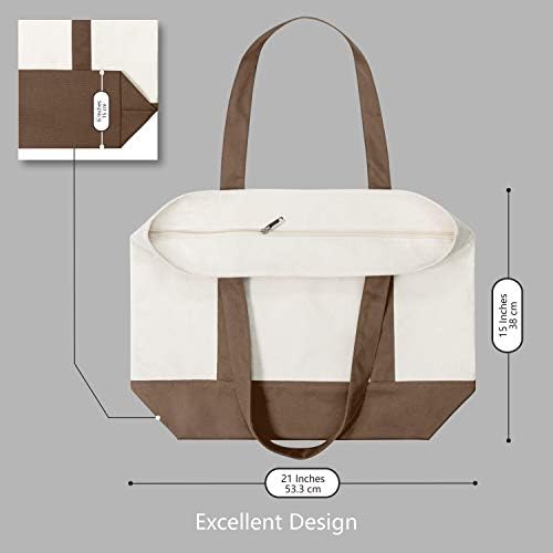 TOPDesign 6-Pack Canvas Tote Bags with an External Pocket, Reusable Grocery Shopping Bags, Top Zipper Closure, Daily Essentials (Brown/Natural) - Image 5
