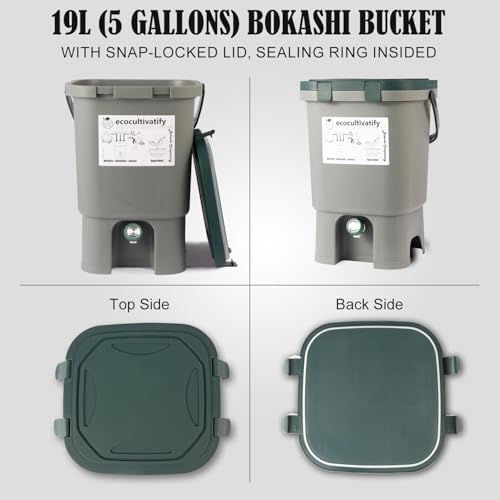 20L Bokashi Compost Bin, 5.28 Gallon Compost Bin for Kitchen Composter with Lid, Bokashi Start Kit with Bran (Tan & Dark Green) (18.8L/5 Gal Grey) - Image 3