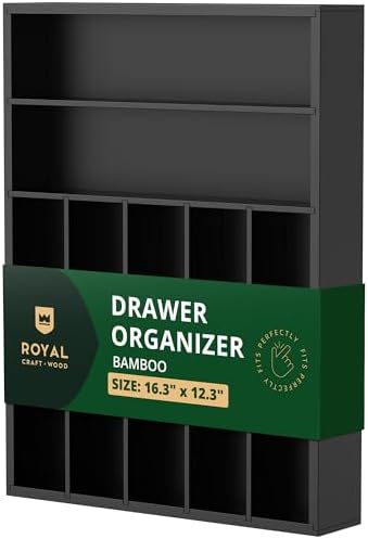 ROYAL CRAFT WOOD Luxury Bamboo Kitchen Drawer Organizer - Silverware Organizer - Utensil Holder and Cutlery Tray with Grooved Drawer Dividers for Flatware and Kitchen Utensils (7 Slot, Black) by ROYALCRAFTWOOD