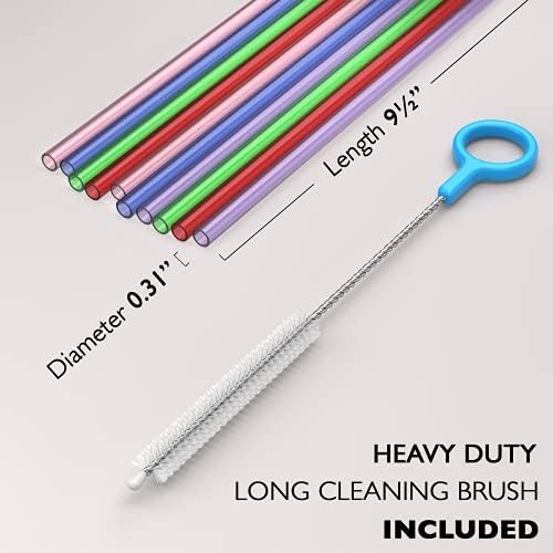 Fiesta First 10 Long Reusable Hard Plastic Drinking Straws, Medium Width + Sturdy Cleaning Brush - for Tumblers, Mason Jars, Milkshakes, Smoothie Straws Drinking Plastic - Dishwasher Safe BPA Free - Image 2