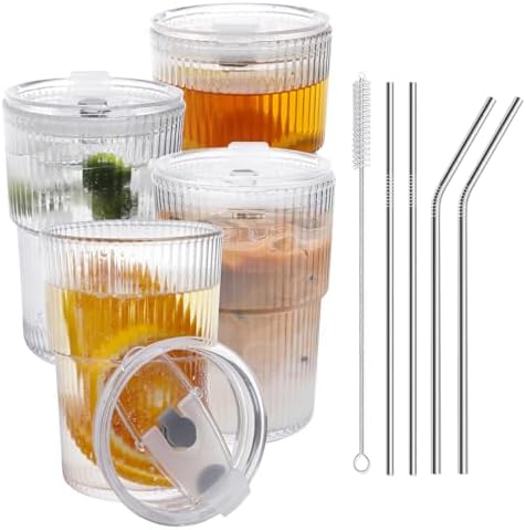16 OZ Iced Coffee Cups with Lids and Straws Set of 4, Unbreakable Plastic Drinking Glasses Reusable Iced Coffee Glass to Go Cup for Iced Tea,Juice, Water,BPA Free, Dishwasher Safe by R%C3%89%CE%91LW%C3%81Y