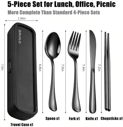 Travel Utensils with Case, Stainless Steel Portable Cutlery Set for Camping Picnic, Lunch Box Silverware for Work, Reinforced Case with Snap-Lock Closure, Include Fork Spoon Knife Chopsticks, Black - Image 4