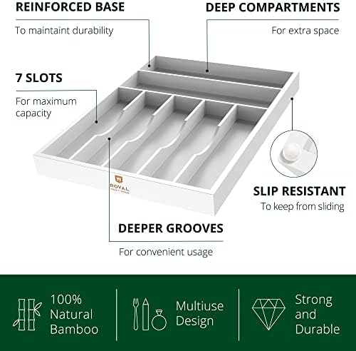ROYAL CRAFT WOOD Luxury Bamboo Kitchen Drawer Organizer - Silverware Organizer - Utensil Holder and Cutlery Tray with Grooved Drawer Dividers for Flatware and Kitchen Utensils (7 Slot, White) - Image 4