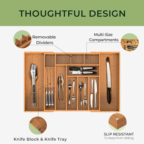 keechee Carbonized Large Bamboo Kitchen Drawer Organizer, 12 Slots Expandable Silverware Organizer, Utensil Holder & Cutlery Tray, 2.5" Deep for Extra Capacity, Non-Slip Feet Included - Image 6