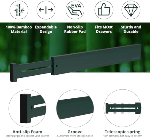 ANTOWIN Expandable Bamboo Drawer Dividers Organizers, Drawer Separators Splitter,17-22 inches Long Adjustable Spring-loaded Organizer for Large Utensil, Clothes, Tools(Dark Green) - Image 2