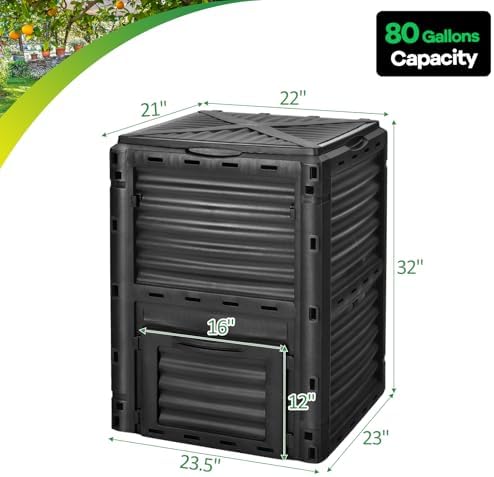 Goplus Compost Bin, 80 Gallon (300 L) Large Outdoor Composting Box w/Top Flip Latch-on Lid, Bottom Exit Door, BPA Free Material, Grass Food Trash Composter Barrel for Garden Yard (Black) - Image 6