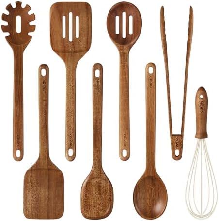 CAROTE Wooden Utensil Set, 8-Piece Acacia Wood Cooking Utensils by CAROTE