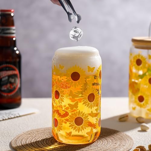 DWTS DANWEITESI Glass Cups with Lids and Straws with Design Sunflower 4 pcs,Clear Glass Cups 16 oz-Drinking Glasses Set,Glass Tumbler,Cute Design Glass Iced Coffee Cups with Lids and Straws 480ml - Image 7