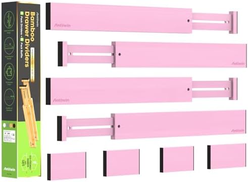ANTOWIN Expandable Bamboo Drawer Dividers Organizers, Drawer Separators Splitter, 17-22 inches Long Adjustable Spring-loaded Organizer for Large Utensil, Clothes, Tools(Pink) by ANTOWIN