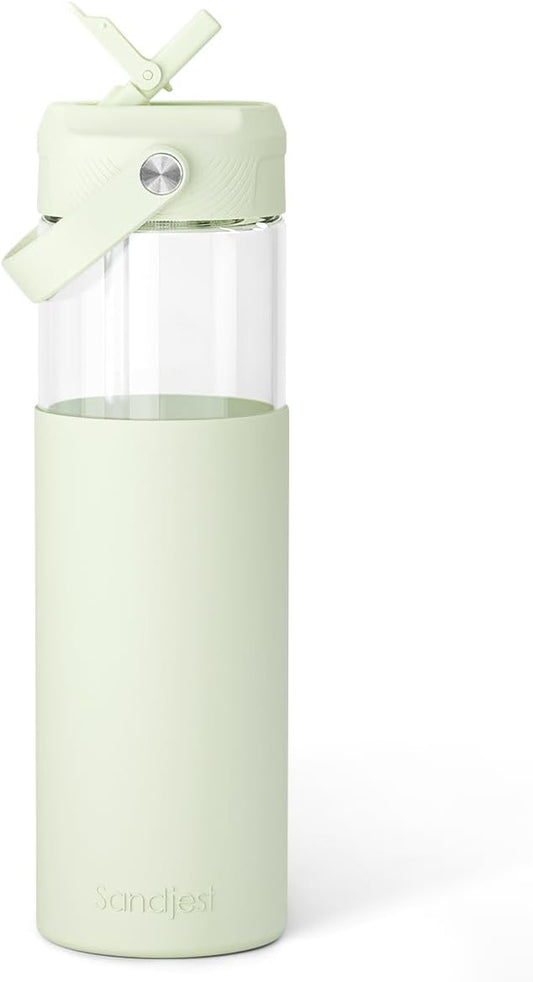 Glass Water Bottle with Silicone Sleeve and Straw Lid 20oz for Girls Women, Glass Drinking Bottles for Travel Home Gym Sports (Pistachio Mist)