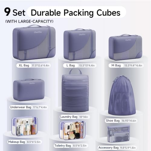 OlarHike Packing Cubes for Travel,Gifts for Women Mom,Anti-Tearing Suitcase Organizer for Luggage with Shoe & Hanging Toiletry Bag,Vacation Essentials & Accessories for Cruise Ship,9 Set,Purple Gray - Image 2