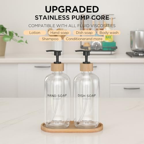 Hand and Dish Soap Dispenser Set,16oz Glass Bottles with Bamboo Pumps & Tray,Countertop Soap Dispensers for Kitchen,Luxury, Minimalist & Farmhouse Decor - Image 4