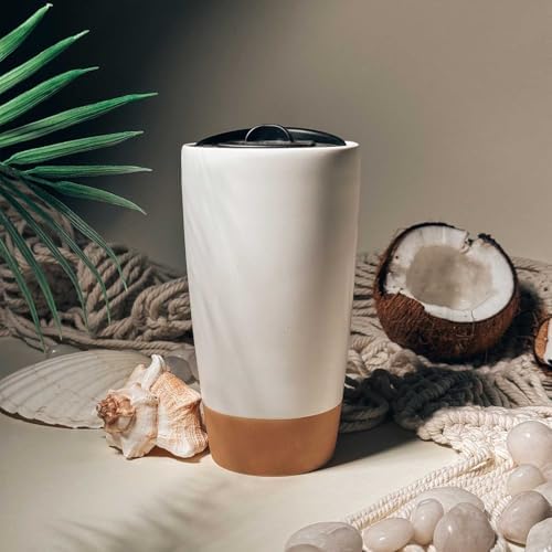 Mora Double Wall Ceramic Coffee Travel Mug with Lid, 14 oz, Portable, Microwave, Dishwasher Safe, Insulated Reusable Tall Cup, Splash Resistant Lid - To Go Tumbler for Car Cup Holder, Cotton White - Image 5