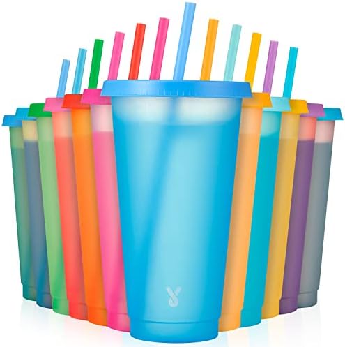 Meoky Plastic Color Changing Cups - 12 Pack 24 oz, Reusable with Lids and Straws for Adults, Kids, Parties, Cute Cold Cups for Iced Coffee by MEOKY
