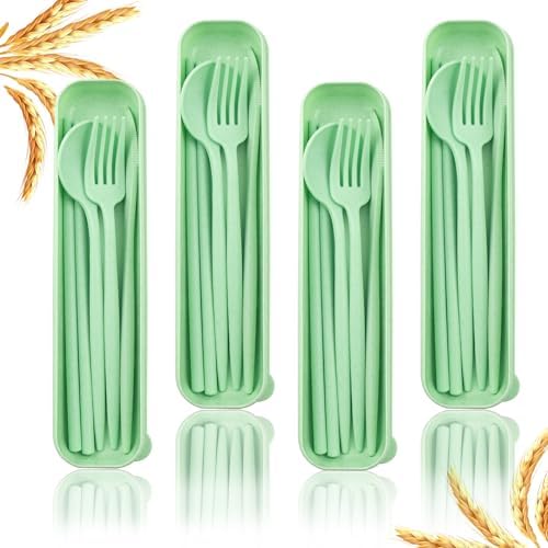 4 Sets Reusable Utensils Set with Case,Camping Cutlery Set Travel Silverware Set with Case Lunch Utensils Set for Work,Utensil Sets for Lunch Picnic Daily Use Outdoor (Lightgreen) by ZGQHZR