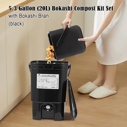 20L Bokashi Compost Bin, 5.28 Gallon Compost Bin for Kitchen Composter with Lid, Bokashi Start Kit with Bran (Tan & Dark Green) (20L/5.28GAL Black) - Image 4
