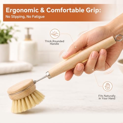 DEBETOOL Bamboo Dish Brush with Handle & 4 Replacement Heads - Image 6