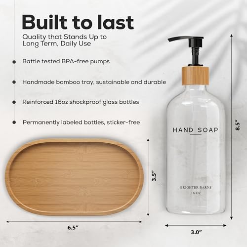Clear Glass Hand and Dish Soap Dispenser Set by Brighter Barns - Kitchen Soap Dispenser Set with Bamboo Tray - Modern Kitchen Decor, Minimalist Decor (Clear) - Image 3
