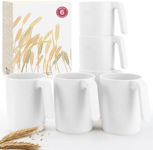 Wrova Wheat Straw Cups with Handles 16oz -Plastic Cups Reusable Set of 6-Unbreakable Coffee Mugs- Microwave & Dishwasher Safe Mug-Ideal Plastic Mugs for Tea,Coffee,Camping,RV-White by WROVA
