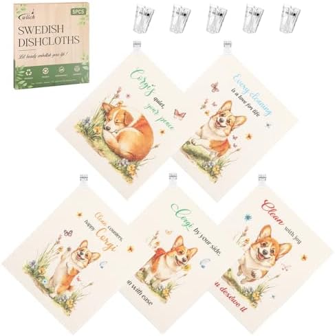 wlich 5 Pack Swedish Dishcloths, Reusable Kitchen Towels with Clips, Dog - Image 3