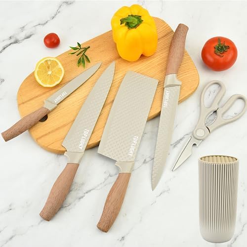 Knife Set, Wiztoynia 6-Piece Khaki Kitchen Knife Set for Home, Anti-Rust Non-stick Stainless Steel Sharp Chef Knife Sets with Universal Knife Block for Kitchen, Ergonomical Design (Khaki) - Image 2